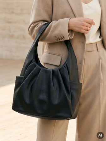 Elegancka czarna torba z ekoskóry z marszczeniem